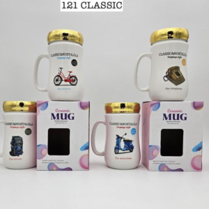 White Printed Ceramic Mirror Lid Coffee Mug Nostalgia Print